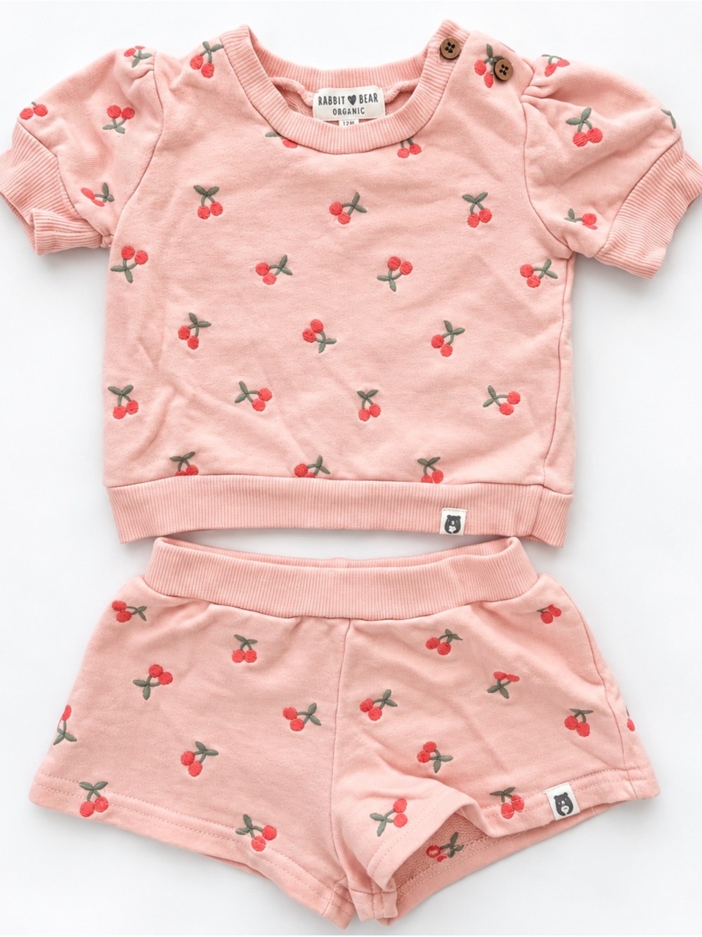 Rabbit + Bear Organic Baby Girl 2-Piece Cherry Set Pink 12M